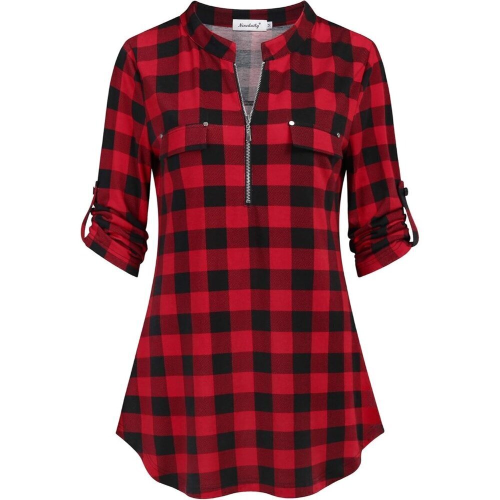 Women's Plaid Floral Blouse Casual Tunic V-Neck Zipper Flared Hem
